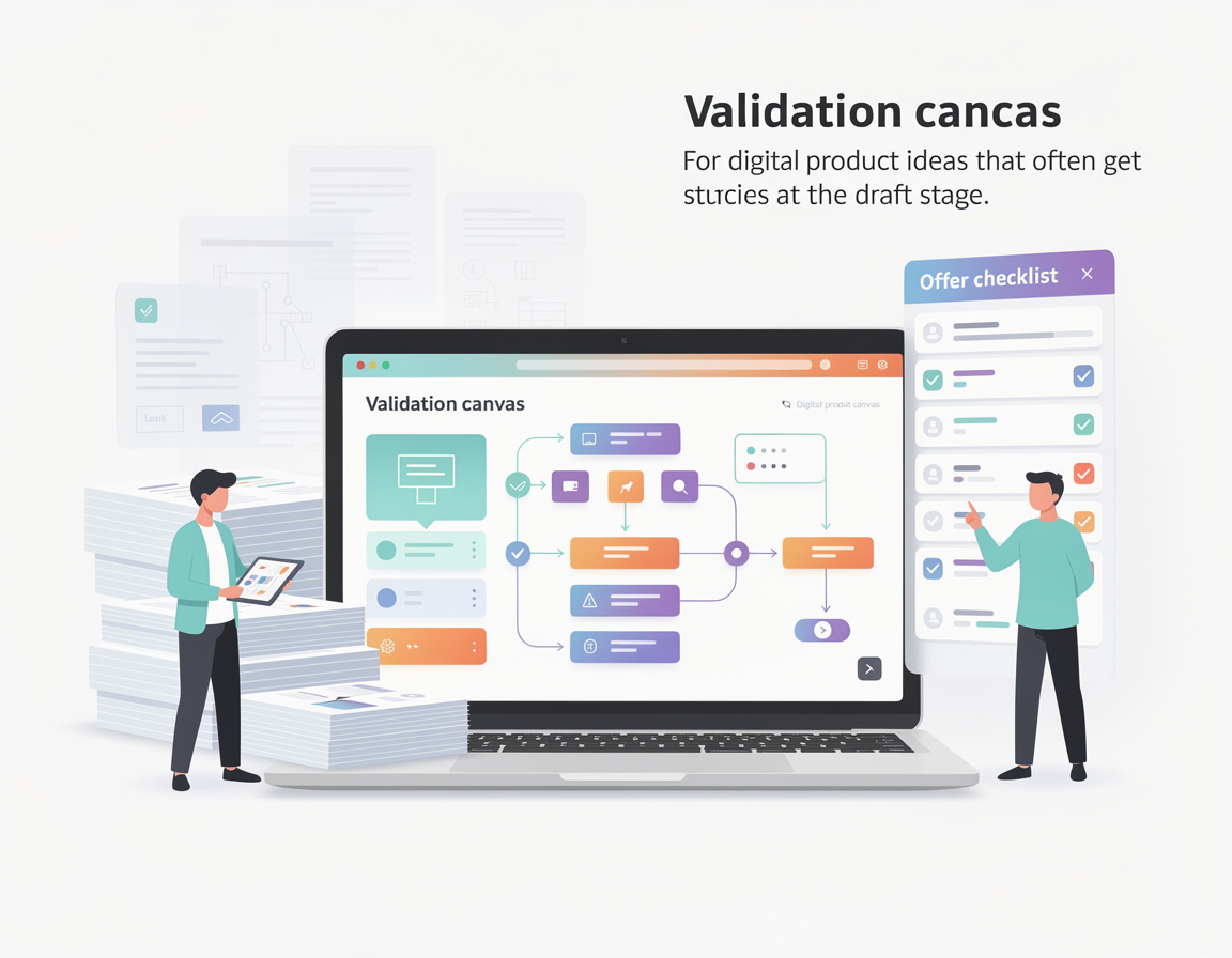 Ilustrasi Workflow kanvas validasi dan checklist penawaran saat ide produk digital sering berhenti di draf untuk REPO999